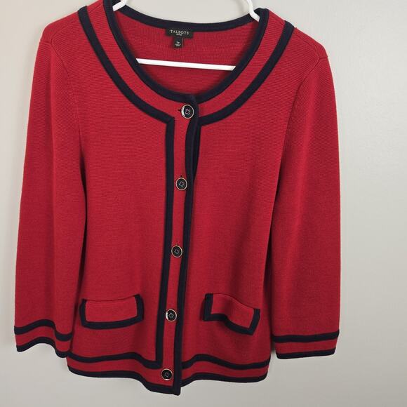 Talbots Red Knit Schoolgirl Preppy Navy Trim Fitted Cardigan Sweater Y2K L Pet - Picture 1 of 7